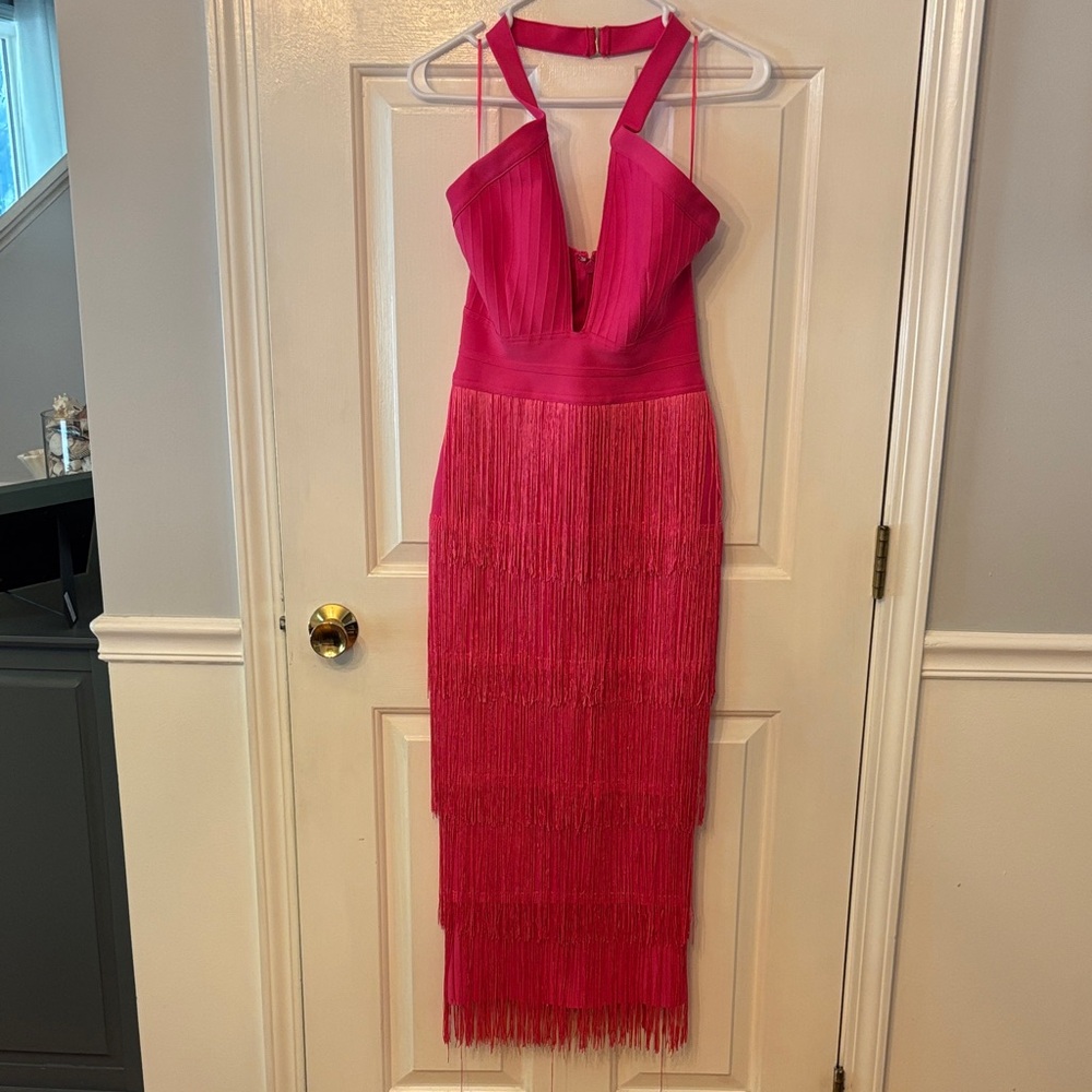Fashion Nova Hot Pink Fringe Halter Midi Dress